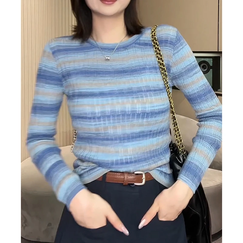 2024早秋温柔复古设计感小众百搭针织衫大码条纹软糯显瘦打底衫女