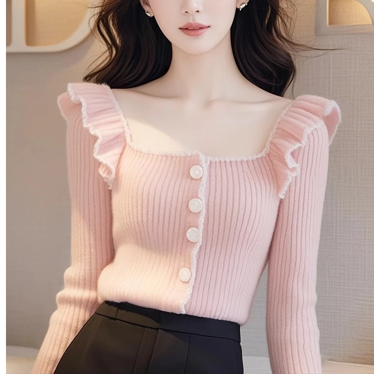 大码秋冬新款独特别致木耳边方领粉色毛衣长袖针织衫设计感上衣女