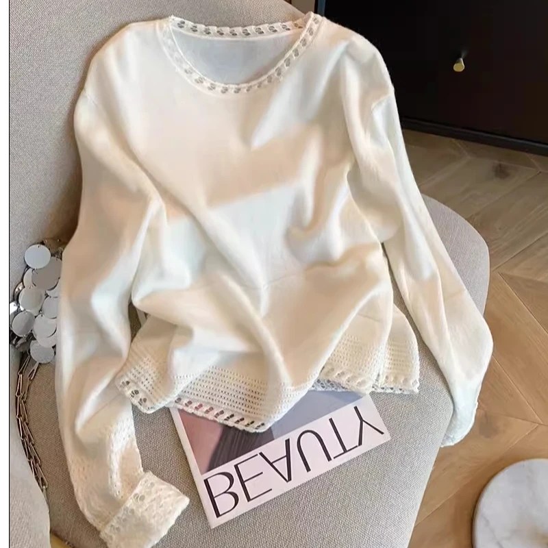 大码米白色镂空圆领套头毛衣女2024秋冬高级感气质软糯打底针织衫