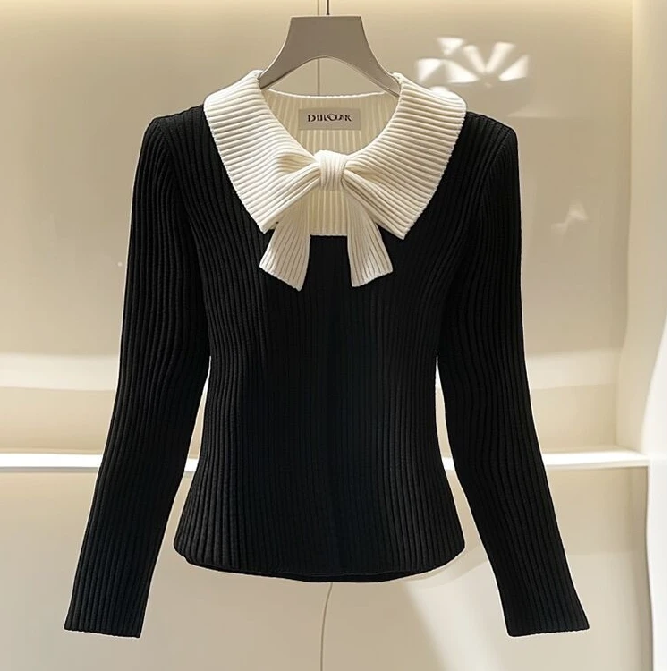 大码秋冬季新款蝴蝶结毛衣设计感小众高级感小香风黑色针织衫上衣