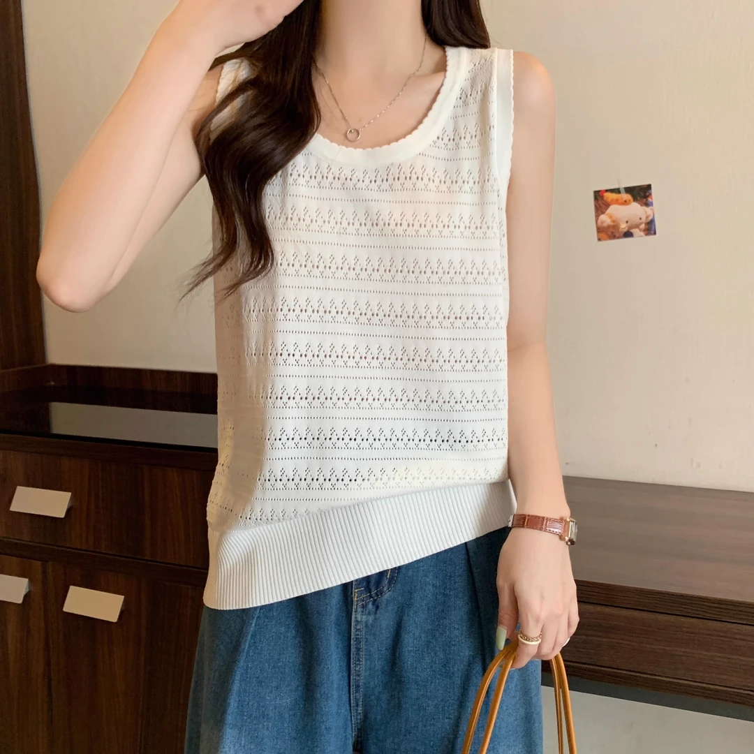 大码冰丝缕空针织女胖mm遮肚内搭显瘦宽松百搭薄款无袖上衣夏