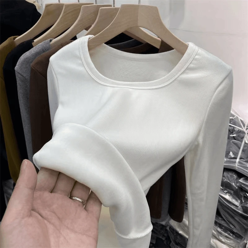 A冬季保暖内衣女加绒加厚大码内搭百搭修身打底衫圆领长袖T恤上衣