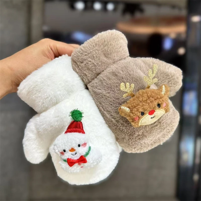 儿童手套冬季加绒加厚保暖男童女童可爱超萌挂脖宝宝连指秋冬圣诞