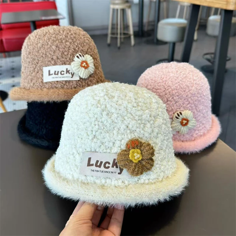 儿童帽子秋冬款韩版水桶帽女童户外保暖小花保暖帽女宝宝渔夫帽潮