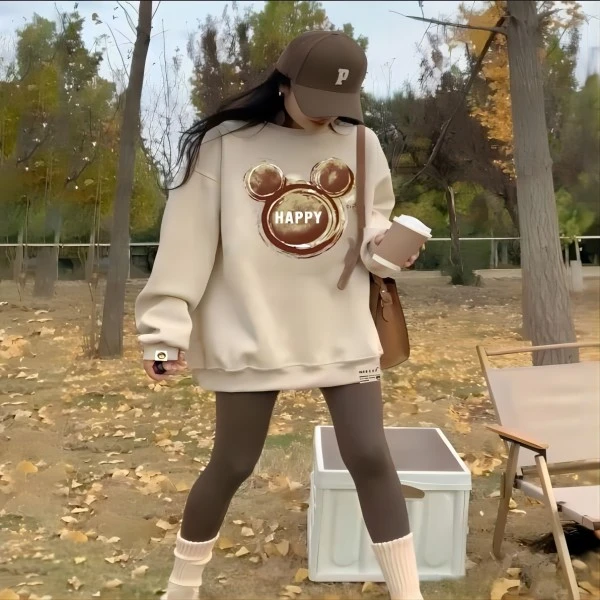 【C魅甄选】冬季宽松休闲长袖圆领加绒加厚长款卫衣油墨MI奇8878