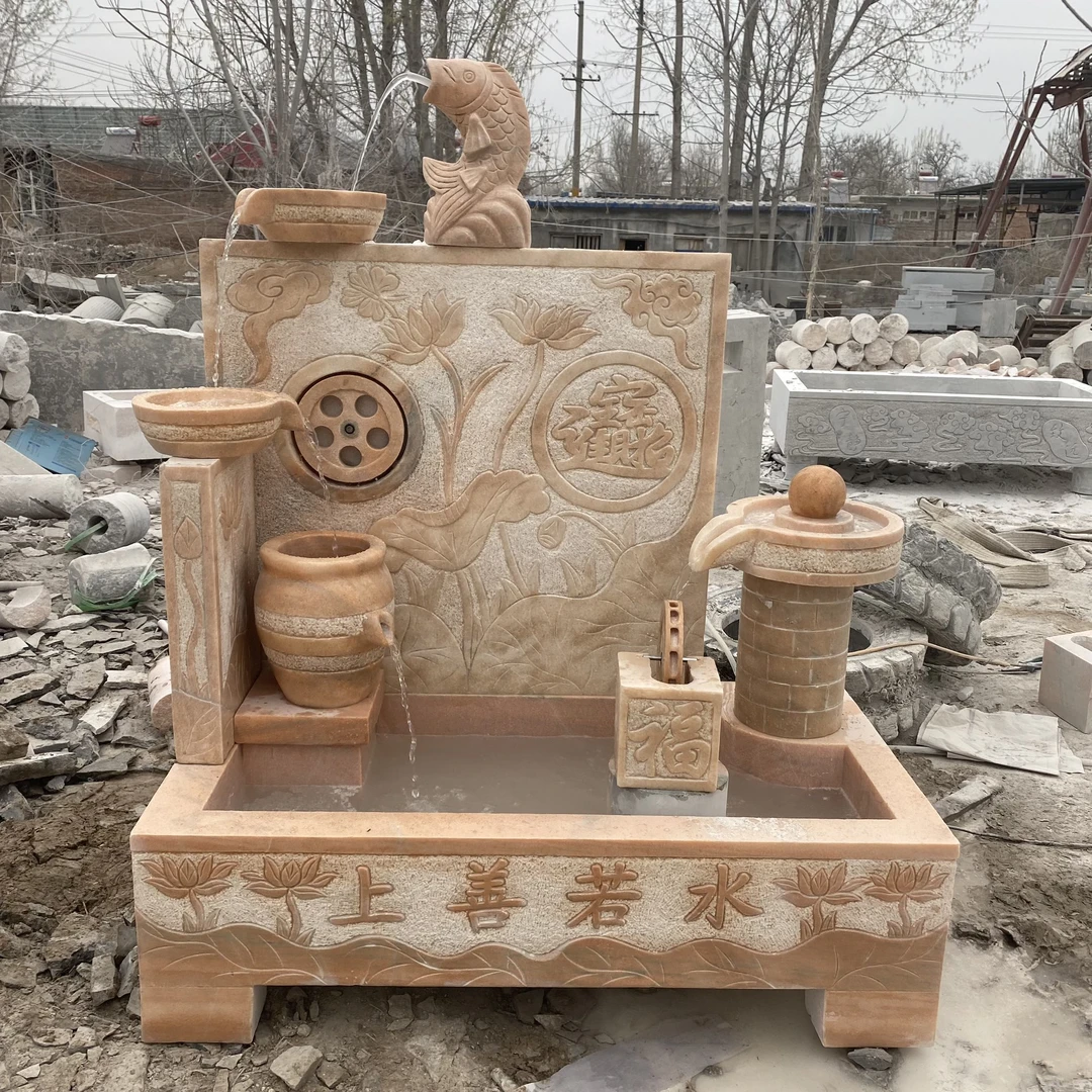 晚霞红石雕流水摆件