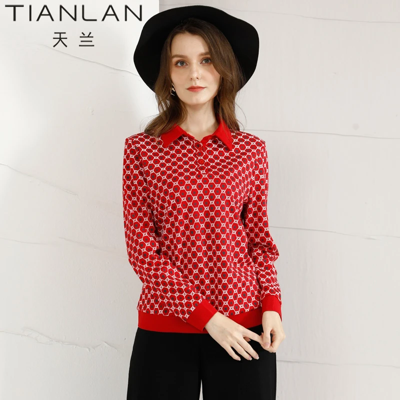 天兰时装秋冬女士长袖套头针织红格子上衣