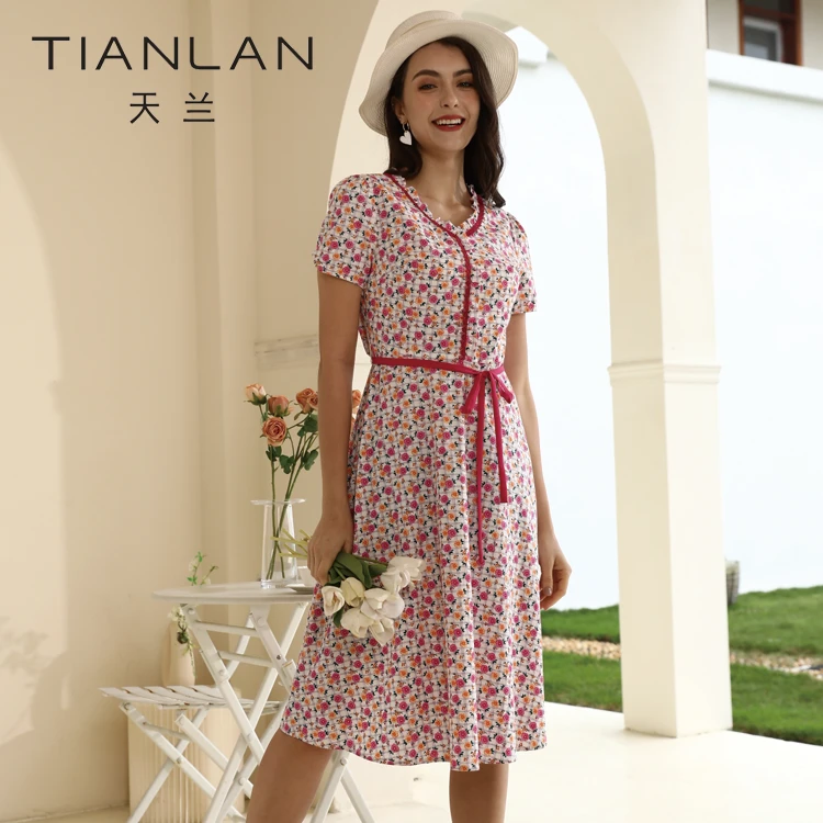 天兰女装专柜同款甜美风格樱桃图碎花高腰修身大摆型减龄过膝圆领