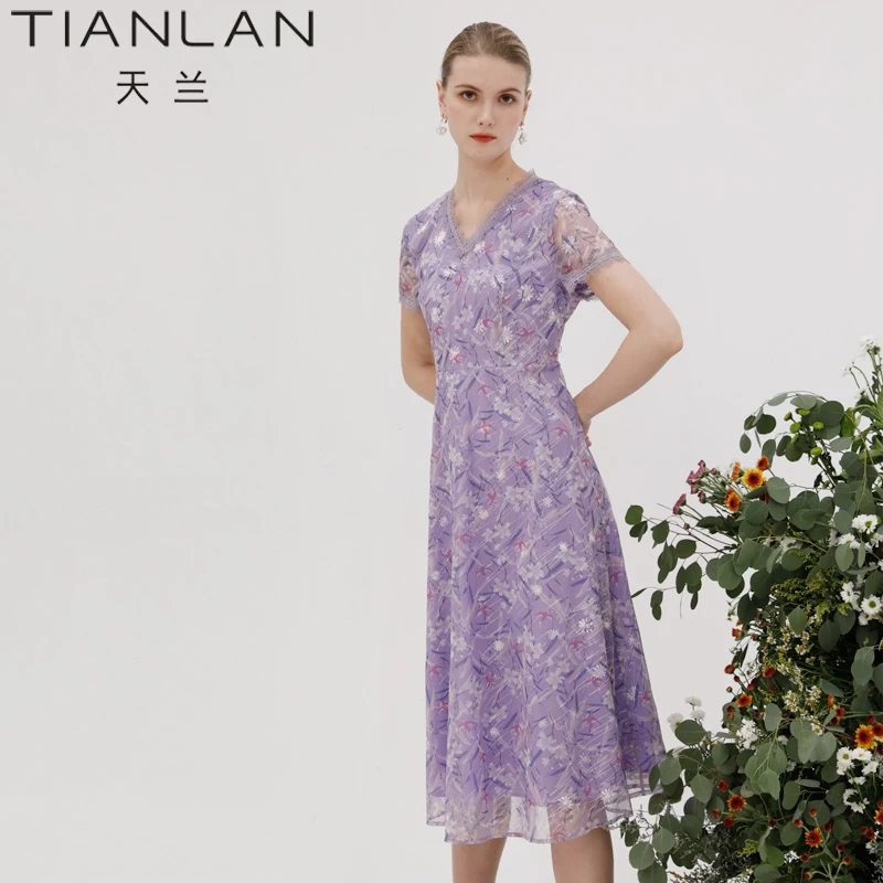 天兰时装夏季女士短袖网纱连衣裙收腰修身气质显瘦