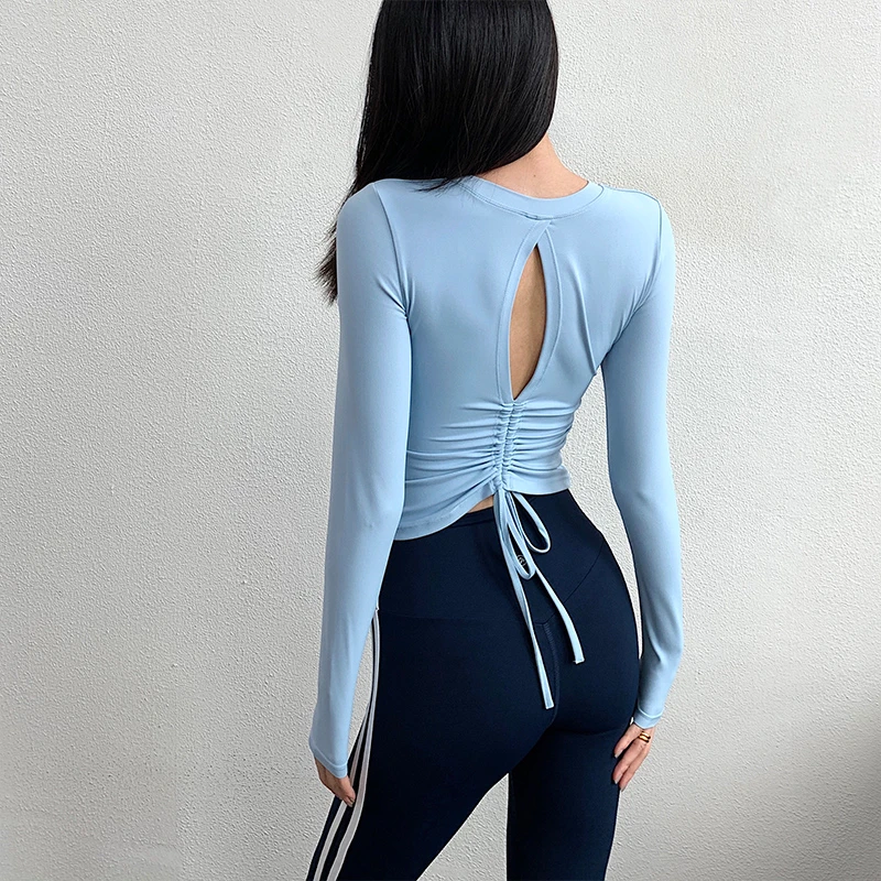 annerun瑜伽服长袖女修身露背抽绳辣妹辣妹T恤显瘦健身服速干上衣