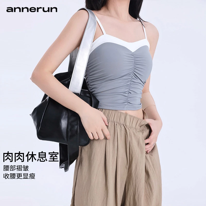 annerun撞色休闲美背女可拆卸收褶运动内衣跑步健身外穿瑜伽背心