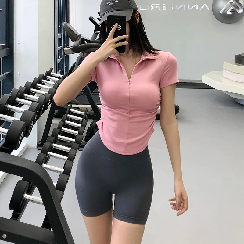 annerun瑜伽健身短袖t恤女休闲运动高领拉链健身服速干上衣92-19