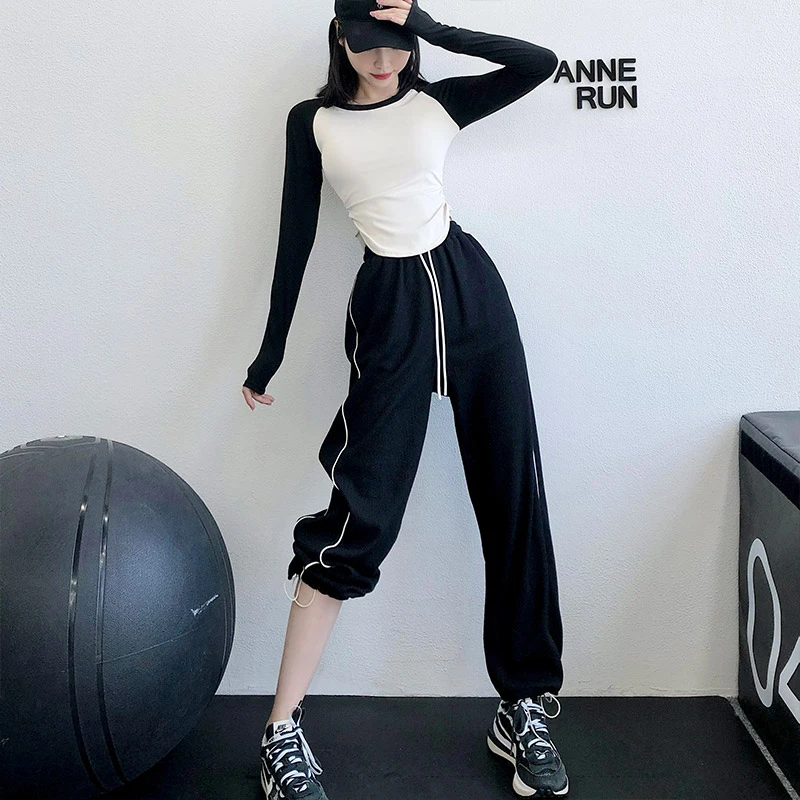 annerun运动裤女宽松高腰健身瑜伽裤秋束脚跑步休闲抽哈伦裤66-18