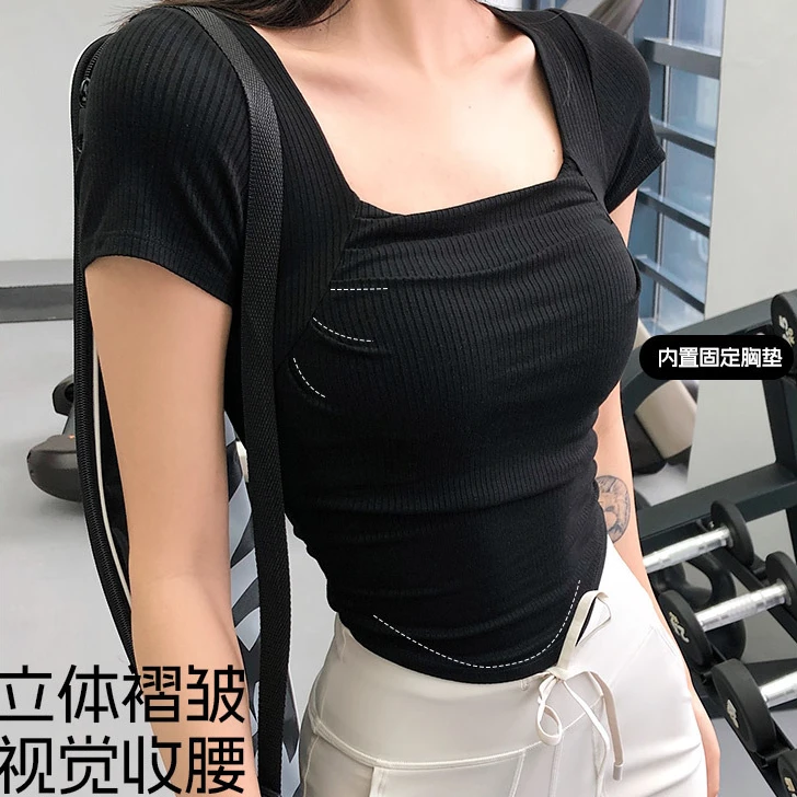 annerun褶皱瑜伽短袖女一体式固定胸垫健身T恤方领透气运动上衣