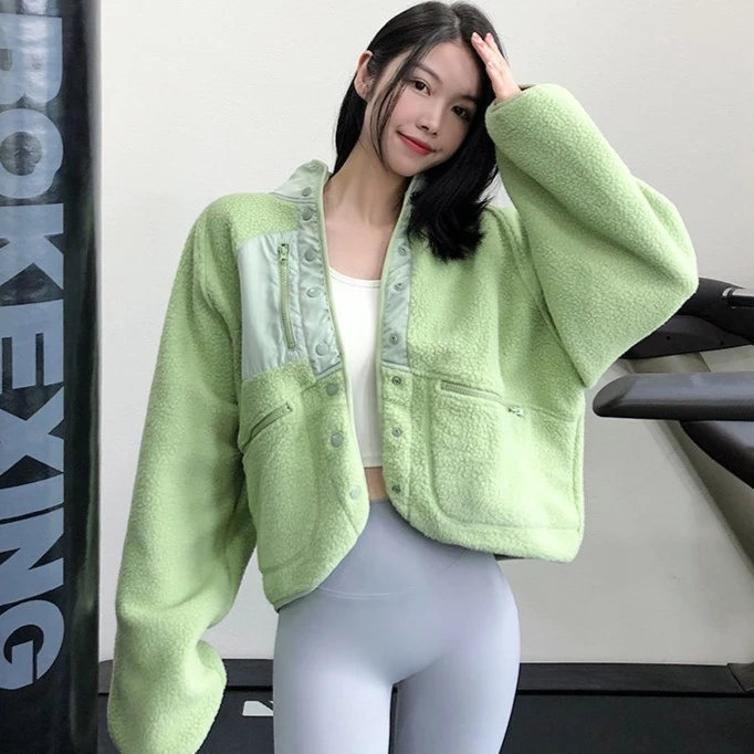 annerun羊羔绒运动外套女拼接摇粒绒宽松休闲瑜伽服跑步夹克71-14