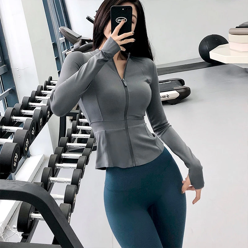 annerun运动上衣女瑜伽外套修身显瘦拉链健身衣鱼尾裙摆紧身长袖