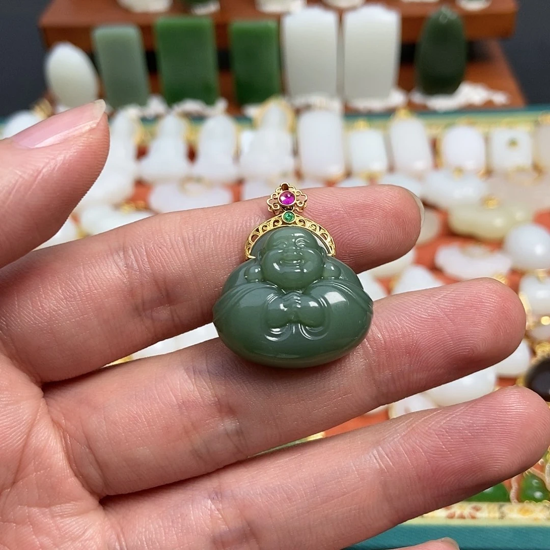 和田玉（碧玉）吊坠(不含链)18K金镶嵌鸭蛋青碧玉吊坠