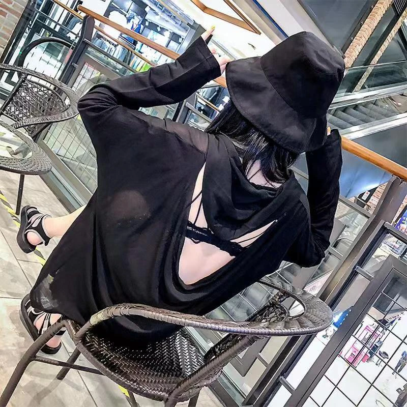 露背性感防晒韩款宽松女装原宿空气感长袖T恤镂空连帽防晒衣网红