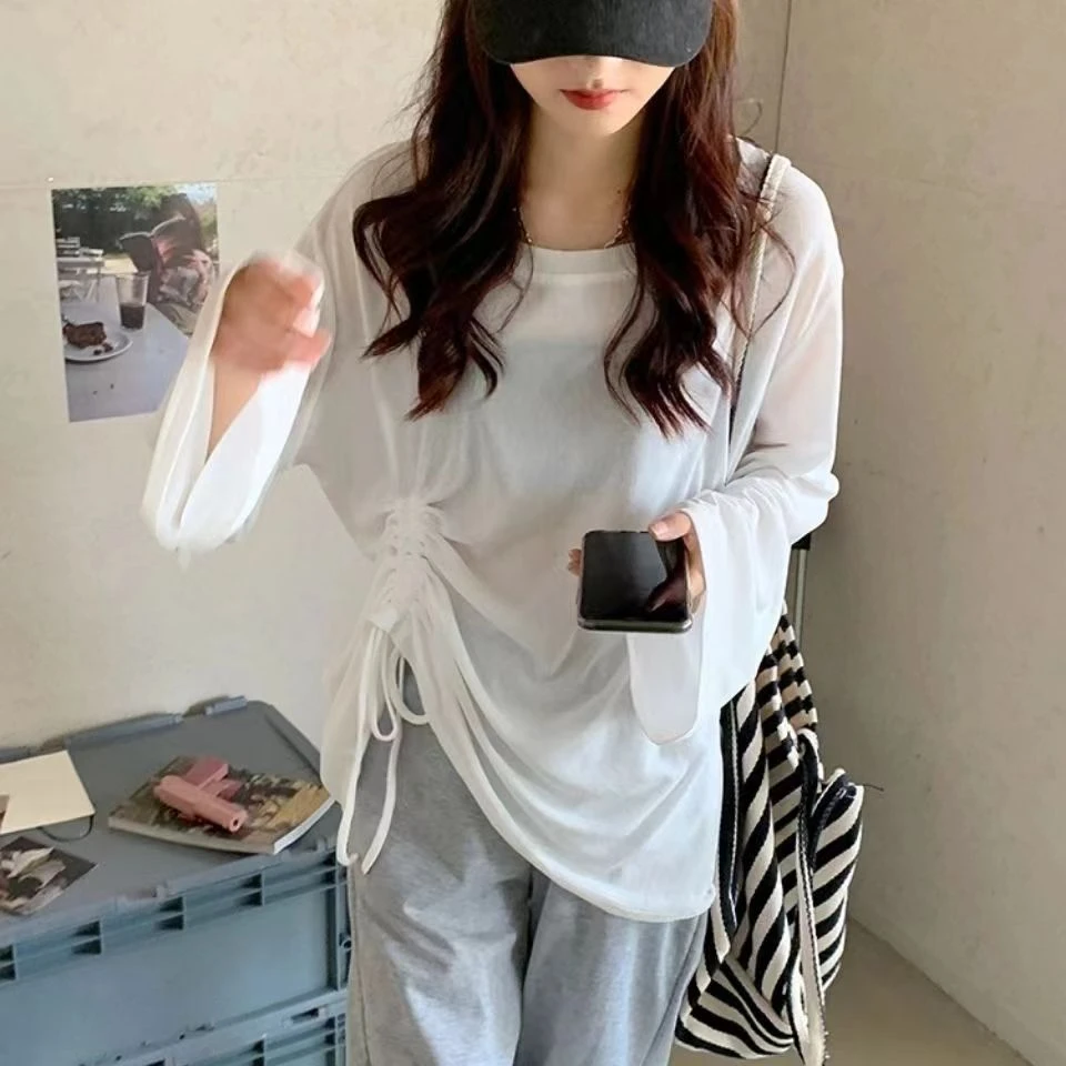 防晒衫女薄款夏季新款宽松抽绳冰丝长袖T恤罩沙滩衫针织上衣