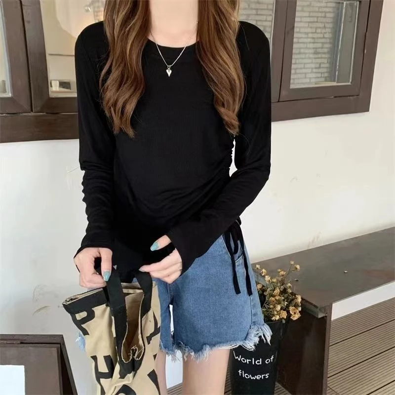 春秋莫代尔新款设计小众抽绳气质显瘦T女ins超火百搭上衣潮款上衣