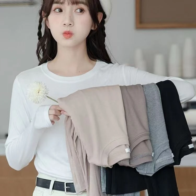 2023莫代尔白色百搭圆领长袖女装早秋2023内搭打底衫上衣小衫