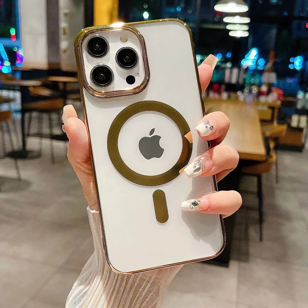 大孔苹果14promax电镀磁吸透明全包手机壳iPhone13pro防摔简约风