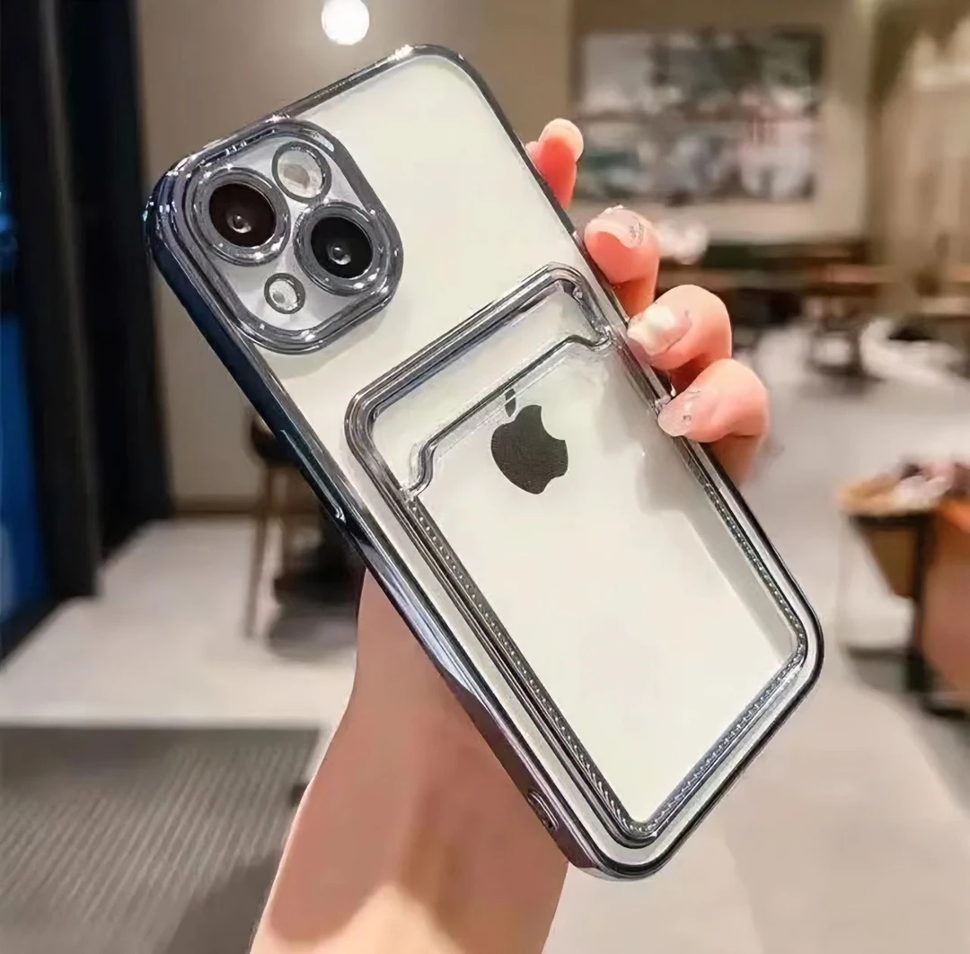 苹果手机壳15pro防摔透明保护壳电镀带卡包可放照片13pro全包简约