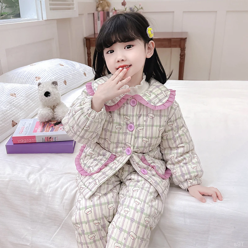 女童加绒睡衣冬季三层夹棉女孩宝宝冬款加厚儿童开衫家居服套装