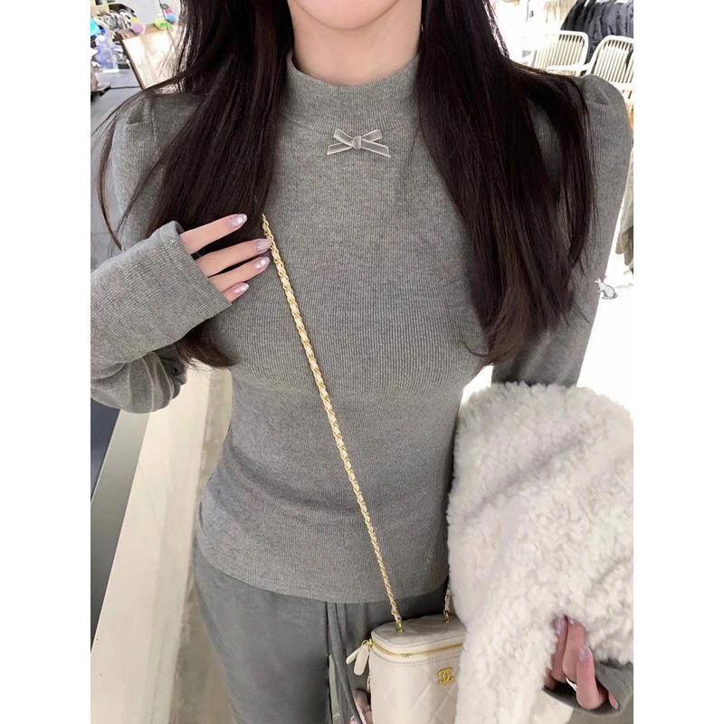 设计感蝴蝶结半高领打底衫女2024秋冬季新款修身显瘦保暖长袖上衣