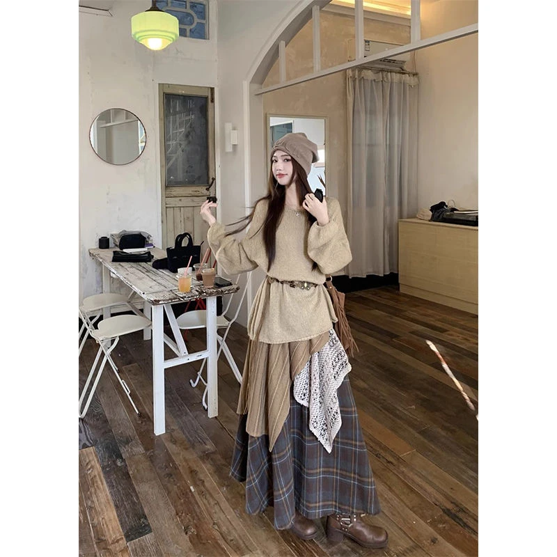 宽松百搭女针织毛衣设计感高腰拼接早春穿搭半身裙配腰带套装