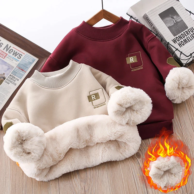 男童加绒加厚卫衣中大童潮款特厚保暖上衣儿童冬装洋气套头外套