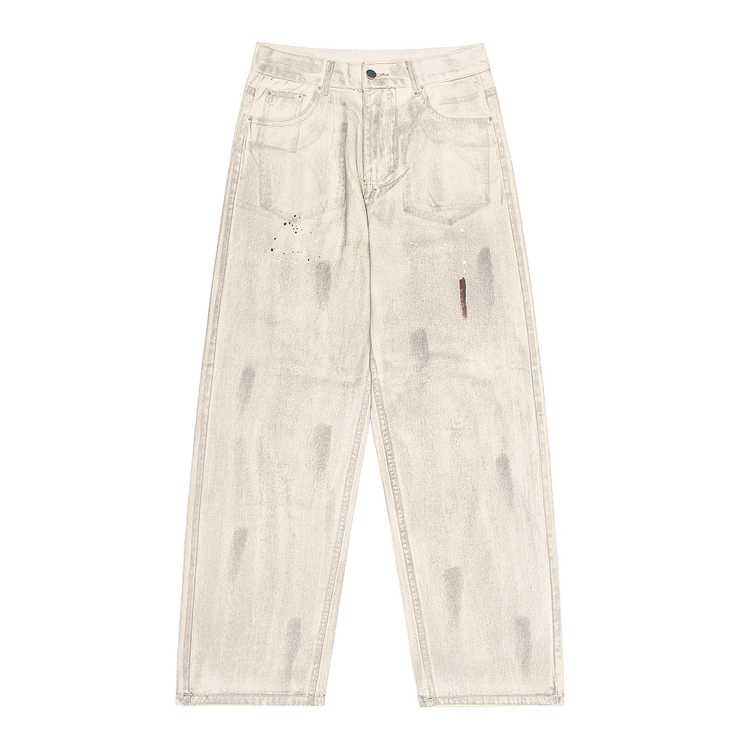 美式牛仔裤高街cleanfit米白色脏脏裤百搭宽松水洗牛仔裤男女同款