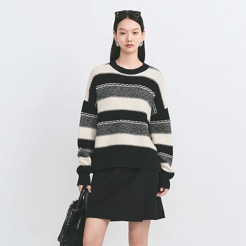 【商场同款】HPLY荷比俪冬季落肩宽松条纹毛衣针织衫HME44650418