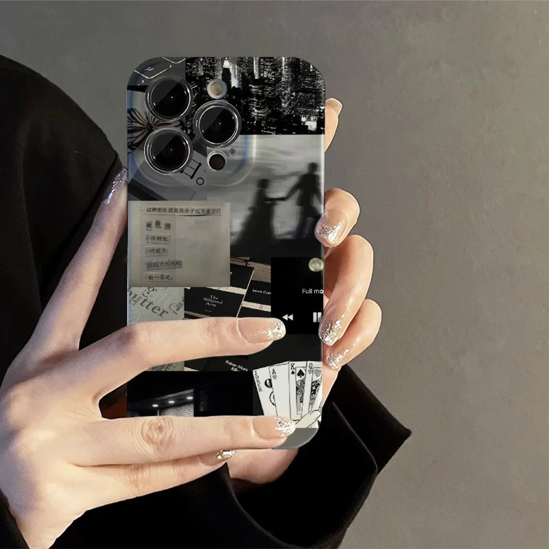 黑色复古拼接苹果15手机壳iphone14promax亮面硬壳11/12菲林13pro