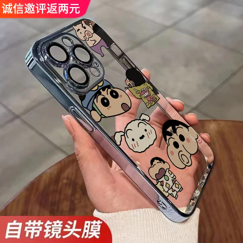 可爱小新苹果14Promax手机壳电镀镜头膜iPhone15透明13/12防摔软7
