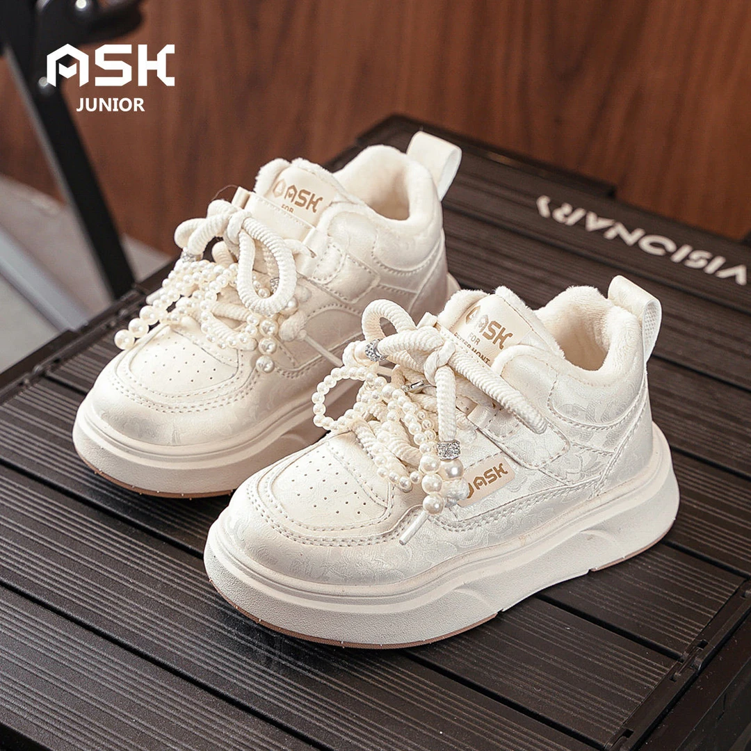 ASK junior2024秋冬新儿童休闲鞋女童百搭小白鞋加绒保暖高帮板鞋