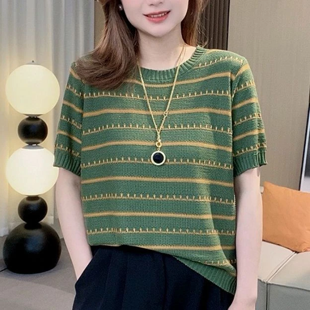 2024年新款气质女装条纹圆领短袖T恤夏季薄款宽松显瘦洋气上衣