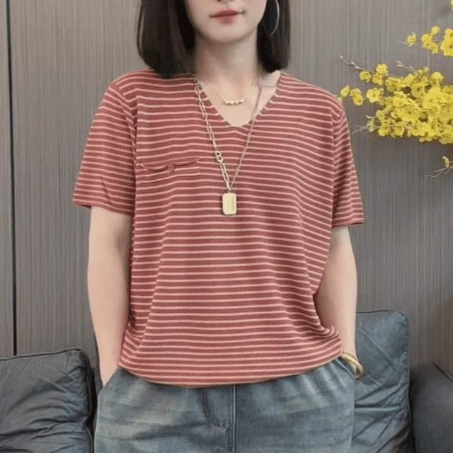 女士休闲时尚清凉短袖t恤夏季限定薄款针织条纹百搭显瘦韩版上衣