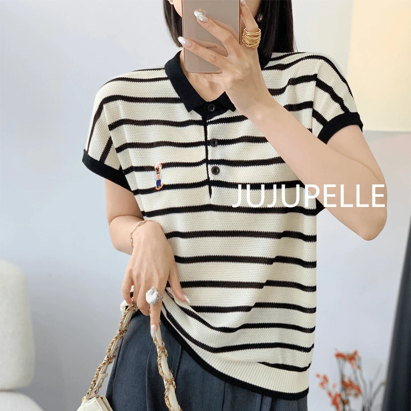 Polo衫小熊条纹短袖T恤新款爆款夏薄款上衣百搭飞袖洋气女装