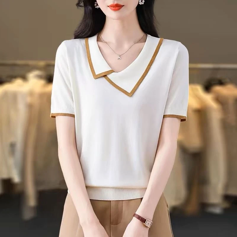 翻领高级感上衣短袖夏季2024新款v领时尚气质女装休闲百搭洋气t恤