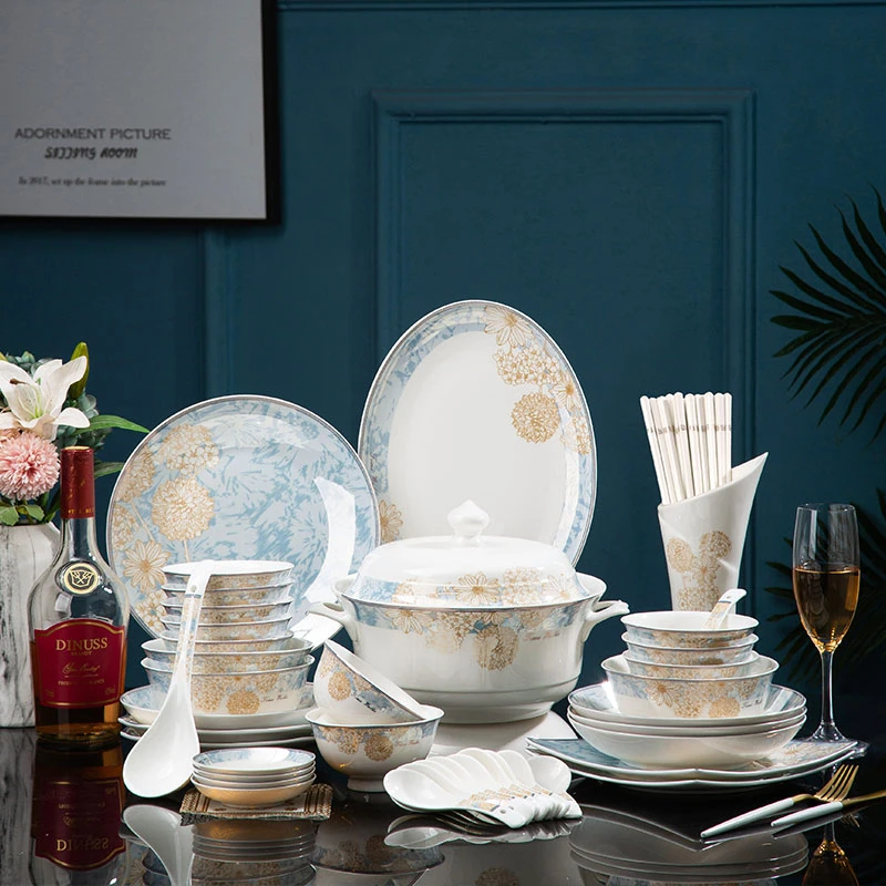 2024景德镇陶瓷碗盘餐具全套装家庭家用乔迁之喜轻奢盘子碗礼盒装