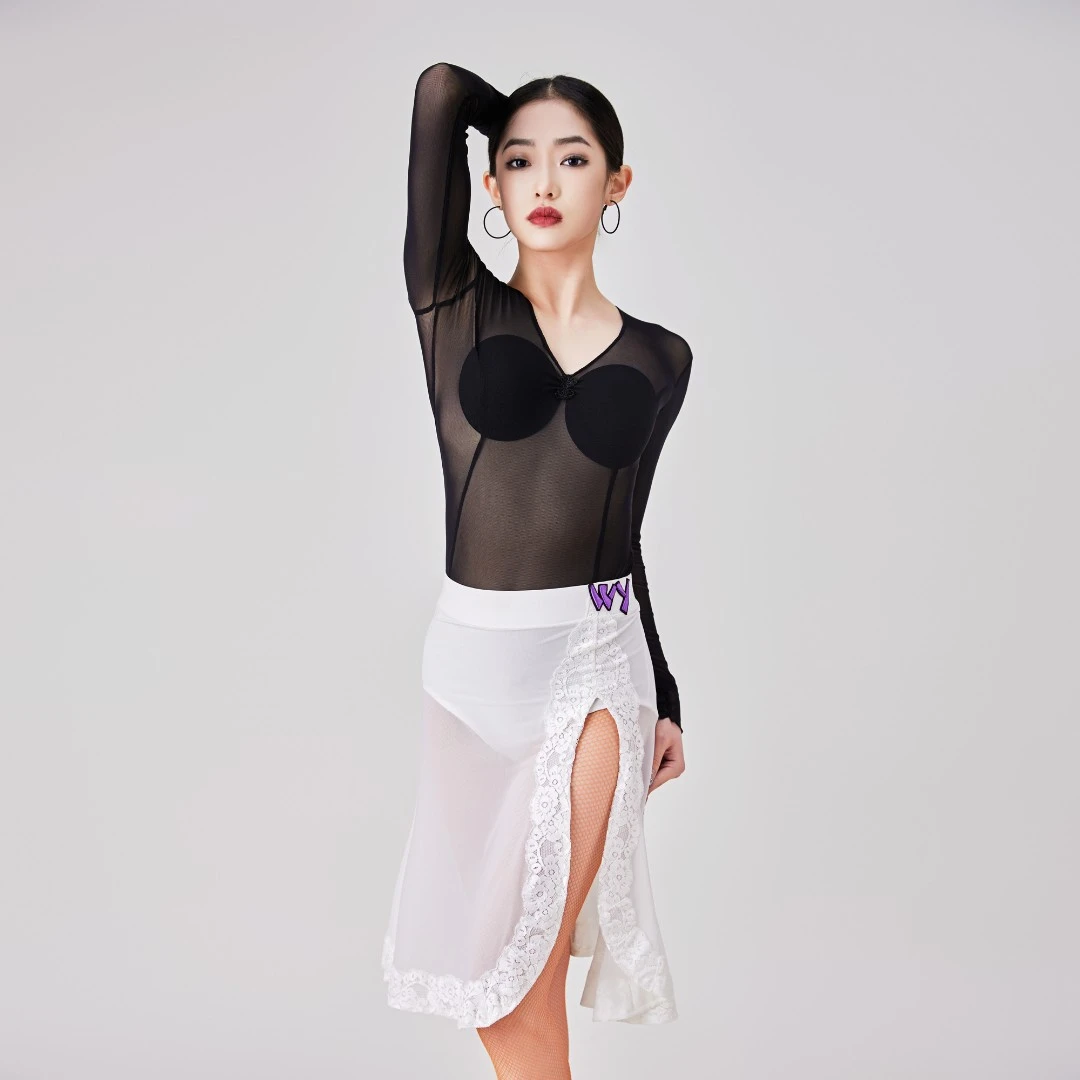 国标拉丁服网纱透视蕾丝元素前开叉半裙长袖套装女拉丁舞服2024