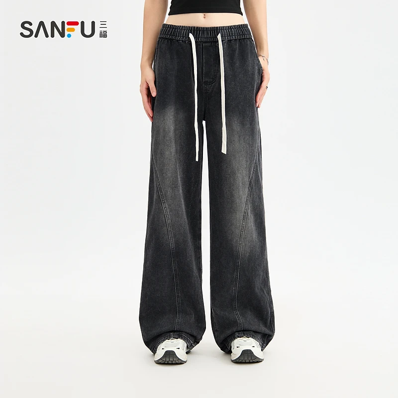 三福2024秋季男士分割洗水牛仔裤 休闲合体直筒裤子494105