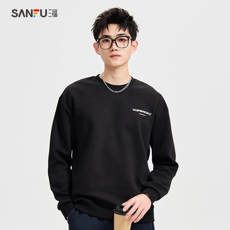 SANFU/三福秋季男士极简字母休闲卫衣时尚潮流宽松圆领上衣493341