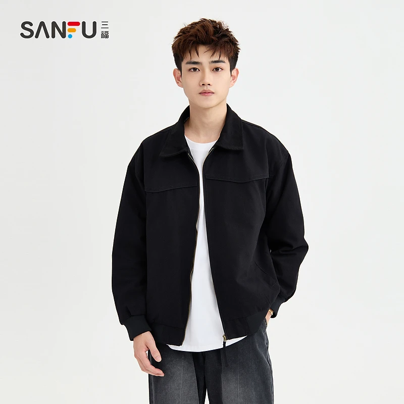 三福2024秋季男士运动风水洗夹克 休闲时尚翻领外套492445