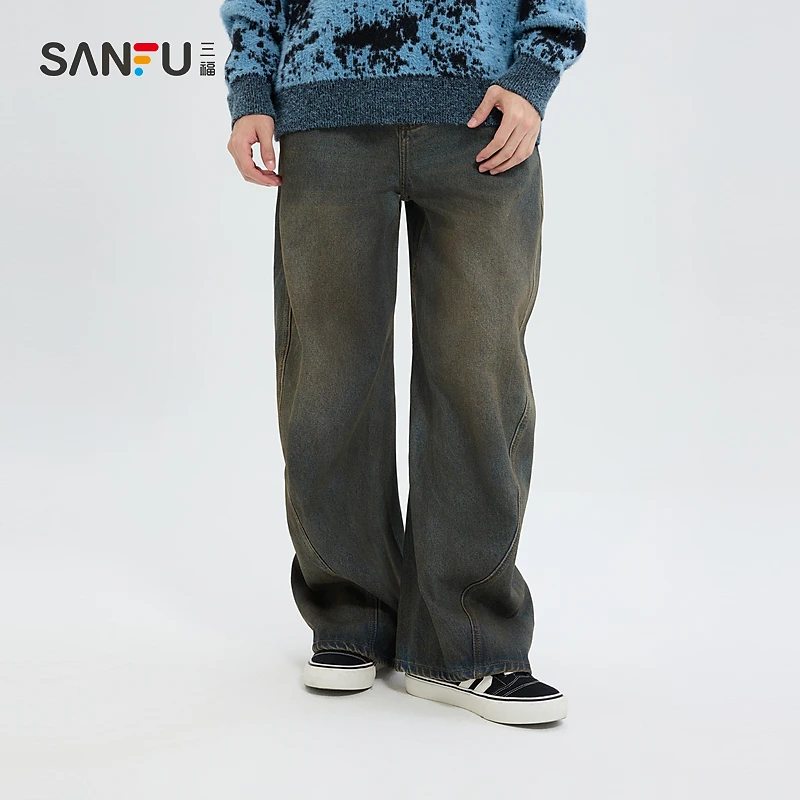 三福2024冬季男士油漆抹脏牛仔裤 街头大直筒阔版裤子495108