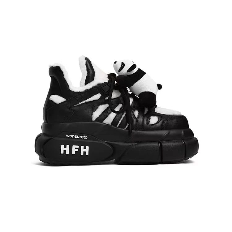 H3998-5熊猫时尚厚底系带皮毛一体增高运动休闲加绒老爹鞋