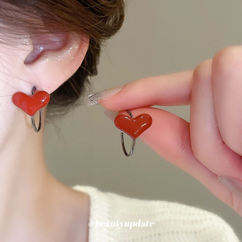 合金耳饰 安可拉红色滴油爱心C形耳钉小众百搭气质耳环轻奢耳饰