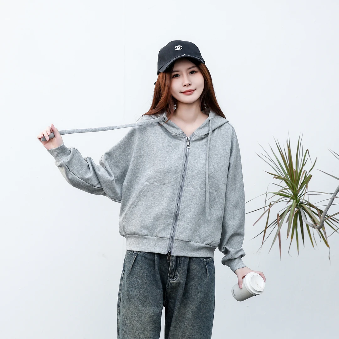 连帽卫衣春秋短款拉链休闲开衫时尚百搭纯色上衣秋冬薄款女外套