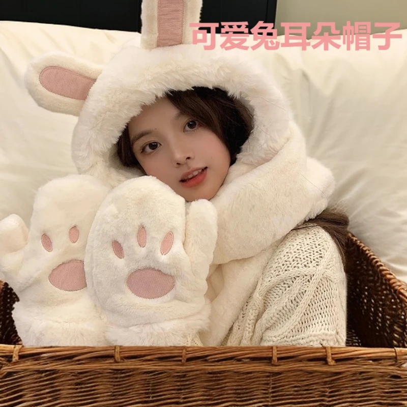 帽子女冬天围巾围脖三件套毛绒一体帽手套可爱兔耳朵加厚保暖护耳